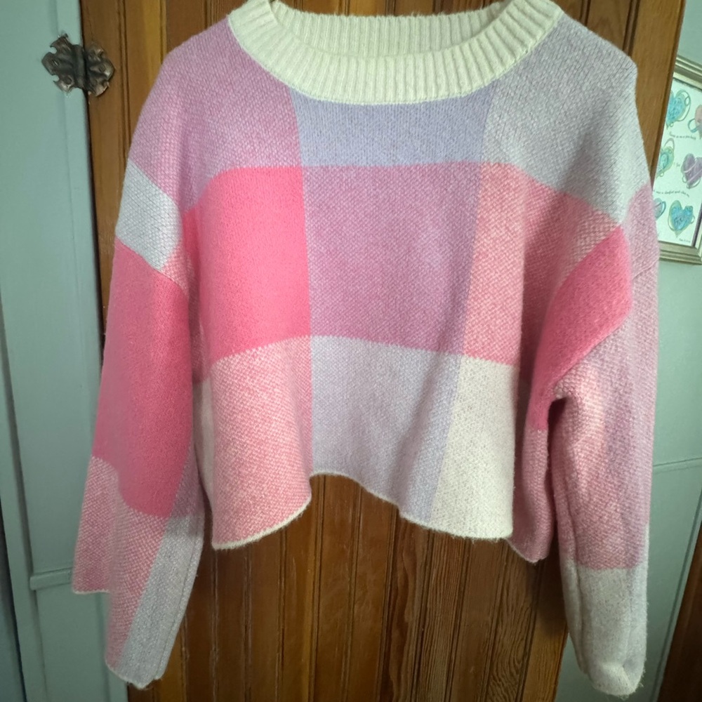 Pink and Cream Plaid Women's Sweater